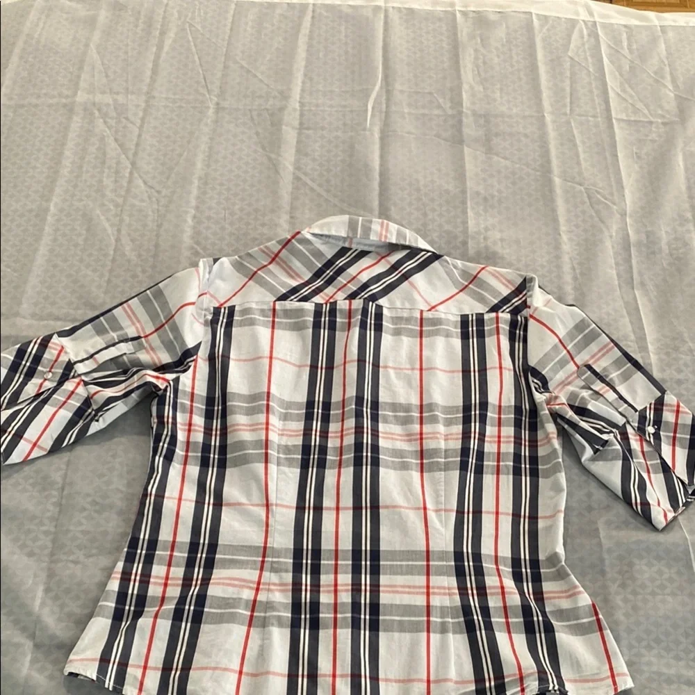 7th avenue Red and White Fitted 3/4 Sleeve Button Down Blouse - Picture 7 of 15